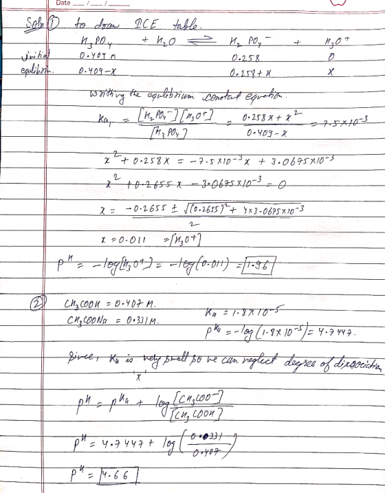 Date I_ l__ Sebo equilibeth to draw ICE table. 1₂PO4 + HO H₂PO4 + 0.409 M 0.258 0.409-X 0.258+4 worthing the equlibrium conot