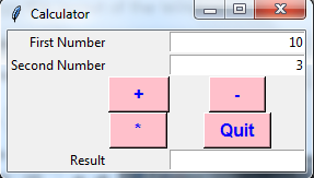 Calculator First Number 10 Second Number Quit Result