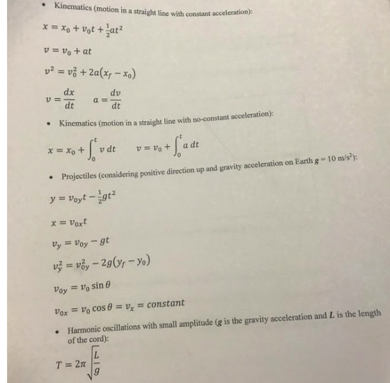 Kinematics (motion in a straight line with constant acceleration): xo+ vot +at2 vvo + at v2 v+2a(x -x.) dx dv 12 = a= dt dt K