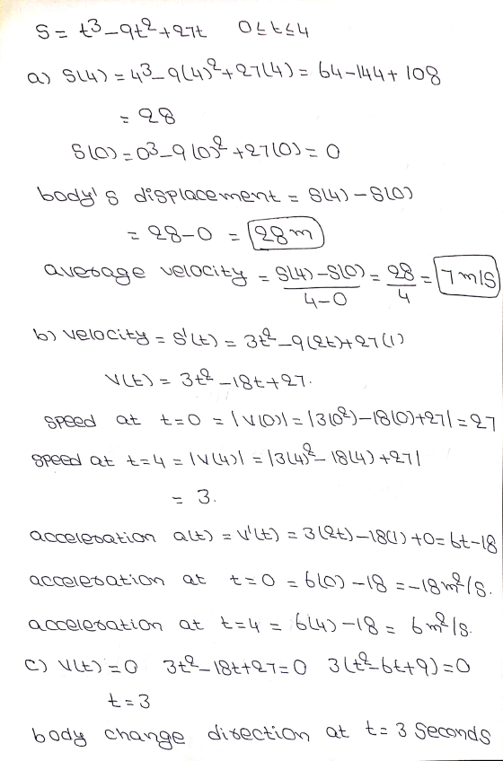 5=t3_qt2+27t OLE24 a) 514)=43_96472+27(4) = 64-144+ 108 E 28 S10=03_9 Loge +27(0)=0 bodys displacement = S(4)-SLO) = 28-0= a