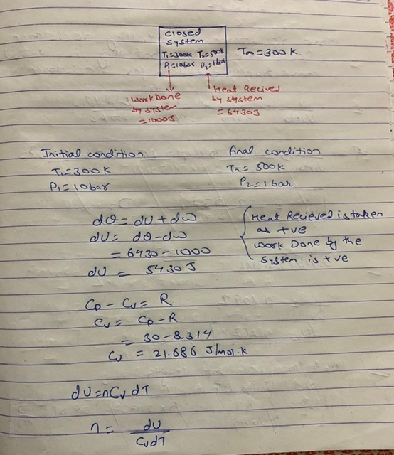 closed system T, asook Terook To=300k Parobar Quiltat Work Done 34 System boos Heat Recived by sistem = 64303 final conditio