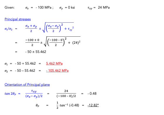 Given: 0x = - 100 MPa; Oy = 0 ksi Txy = 24 MPa Principal stresses gilon - Oxtoy J 793) * + Fod - -100+0+ JC-100-)* + (24) -10