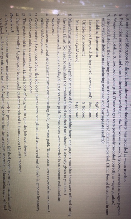 4. A total cost of $800,000 for direct labor, shown on the timesheets, was recorded as wages payable. 5. Production superviso