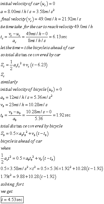 initial velocityof car (u)0 a = 8.00mi / h l s = 3.58ml s2 final velocityv)490mil h 21.92mis tie time take for the car to reachvelocity 49.Omi Ih 49mi / h-l0 8malhis - 6.13sec ct let the so total dis tan ce cov ered by car me = t the bicycle is ahead of car similarly initial velocity of bicycle (u,)-0 а,-12mi hl s-536ml sa = 1 .92 sec ct 5.36 total dis tan ce cov ered by bicycle bicycle is ahead of cair when 0.5x3.58mis xt- 0.5x5.36x1.922 +10.28(t-1.92) 1.79-9.88+10.28(t-1.92) soving fort we get - 4.53sec