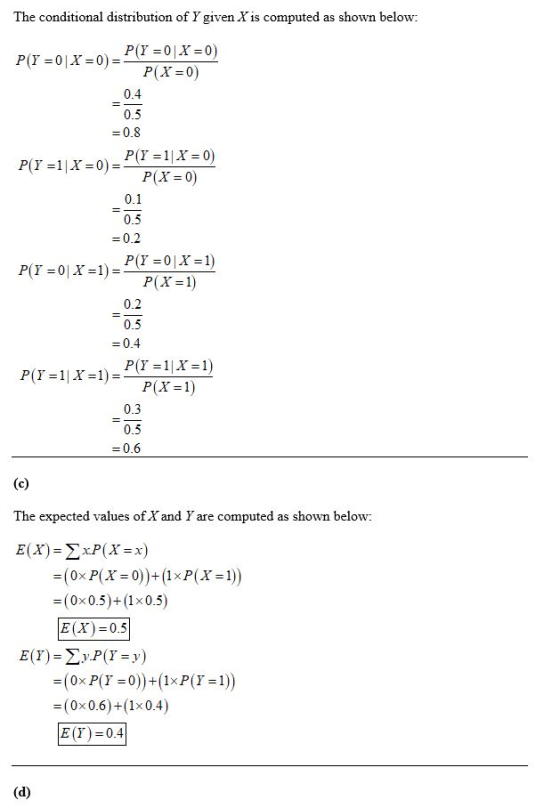 The conditional distribution of Y given X is computed as shown below: P(Y =0 X =0) P(Y=0|X =0)=- P(X=0) -0.4 505 = 0.8 P(Y =1