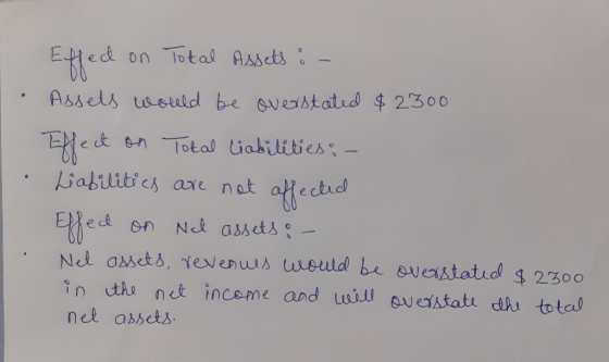 Effed on Total Assets : - Assets would be overstated $2300 Effect on Total liabilities: - Liabilities are not affected Effect