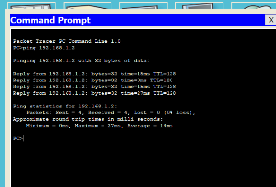 Command Prompt Packet Tracer PC Command Line 1.0 PC>ping 192. 168. 1 . 2 Pinging 192.168.1.2 with 32 bytes of data Reply from