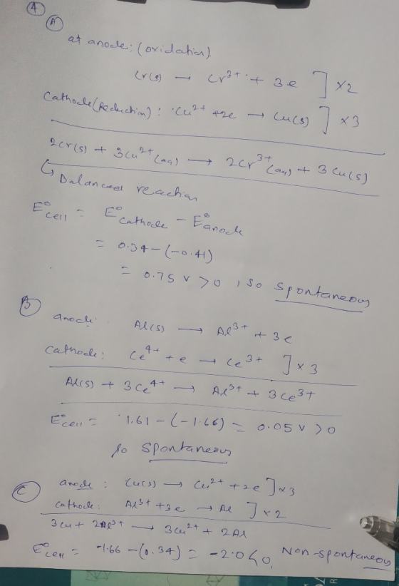 at anode; (oxidation). cress - cratit se Cathocle(Redection) : Cu2+ the → Lucs 7x2 x3 2cr(s) + 3 Cu2+ (as) acr3 can) + 3 Cu(s