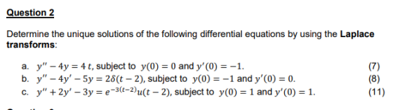 Question 2 Determine the unique solutions of the following differential equations by using the Laplace transforms: a. y – 4y