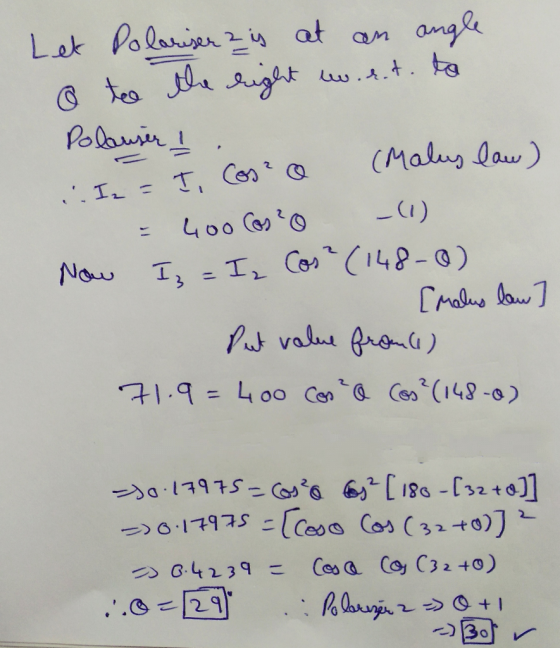 Let Polariser ? is at angle @ to the right w.a.t. to Polausir ! (Malus law) i. Iz = I, Coszo 400 Cos?o -(1) Now Is = Iz Cos?