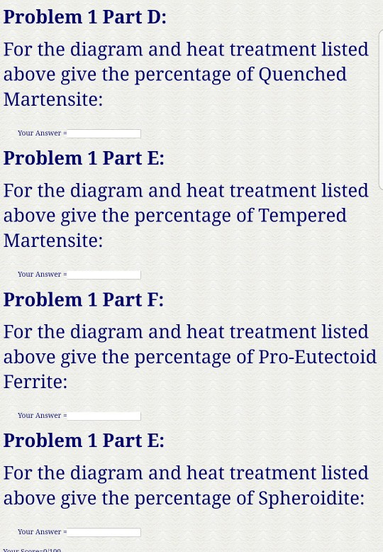 Problem 1 Part D: For the diagram and heat treatment listed above give the percentage of Quenched Martensite: Your Answer- Pr