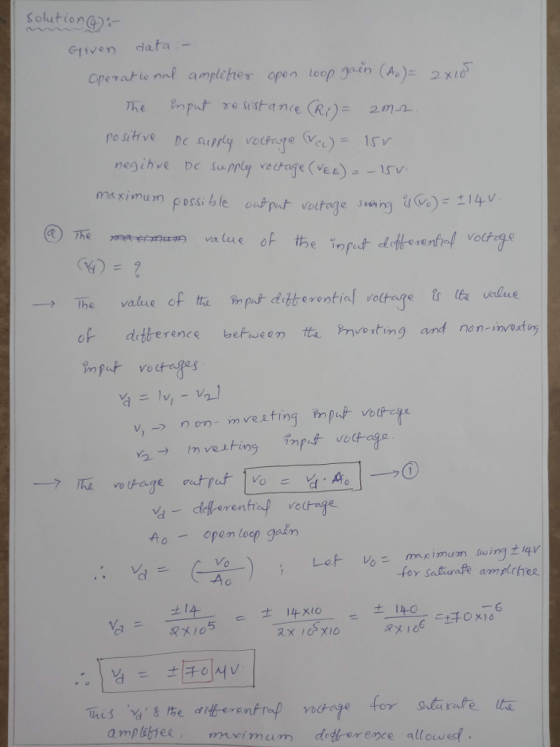 Solution4 etiven data in(A) i imum possib te ot put voltage ung d ) The yttet ttt#9 value of tちe.imp--detterenhof votrg.Q Ao- open lep gain -A 5 a mplithee , imum detorence allowef
