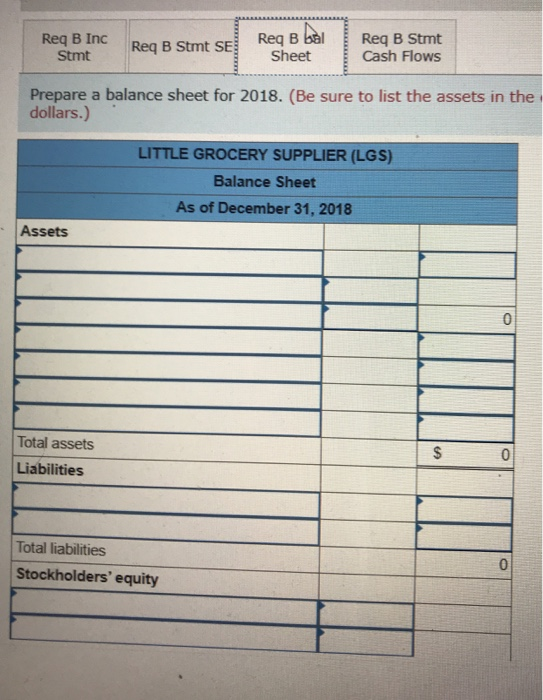 Req B IncReq B Stmt SE Stmt Req B bal Sheet Req B Stmt Cash Flows Prepare a balance sheet for 2018. (Be sure to list the asse