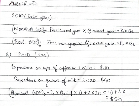 ANSWER D 2010(Base year) bast ♡ Nominal GDP/E Price current year x Qevurrent year = PEx Ot (Real GDP) Price year * fcurrent y