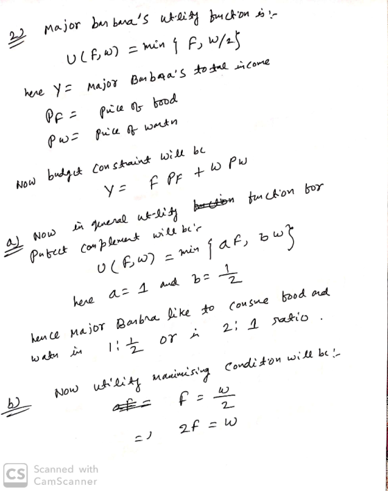 I major bar baras atlity function is : u(f, W) = min e fj W/23 here Y= major Barbqas to stal income Pr = pace of Good Фw: R