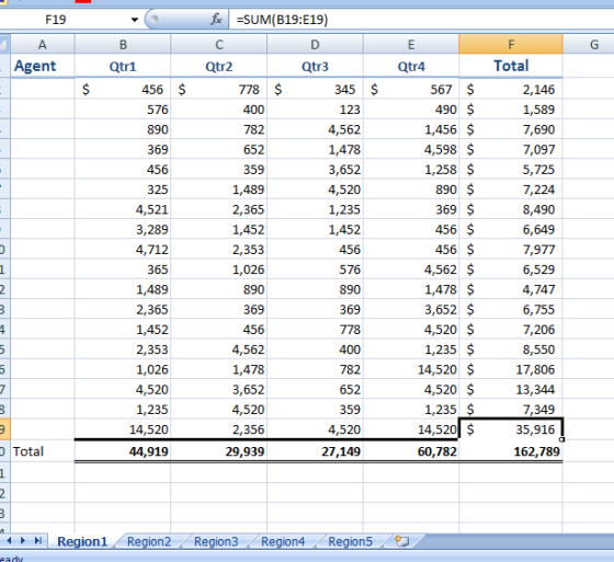 F19 fx =SUM(B19:119) B с E G А Agent Qtr2 $ Qtr1 456 $ 576 778 $ 400 890 782 369 652 456 359 Qtr3 345 $ 123 4,562 1,478 3,652