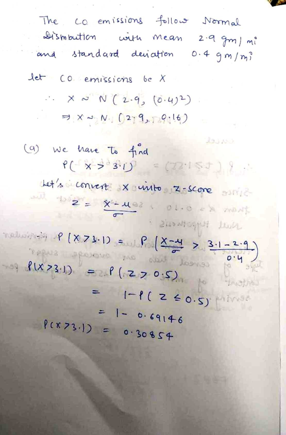 The co emissions follow Normal Dismbution with mean standard deviation 2.9 gm / mi 0.4gn/mi and let co emissions be X XNN (2.