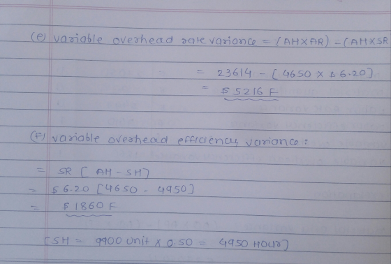 e variable overhead oate variance = (AHXAR) -(AHXSR. - = 23614 - ( 4650 X 86.20) = 5 5216 F (f variable overhead efficiency v