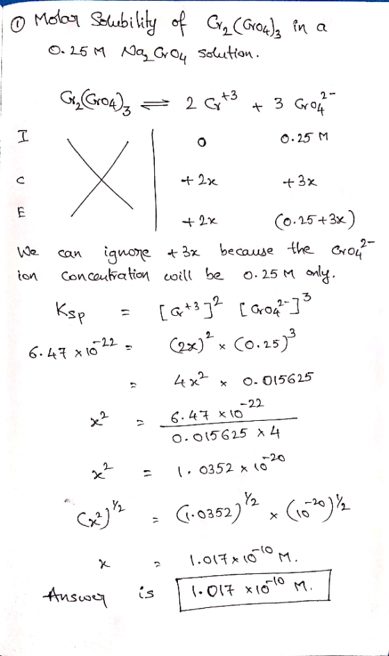 To Molar Solubility of Grz (Groua in a 0.25M N Grou solution. G, Gros)= 2 6+3 + 3 Groen 0.25M + 2x +32 +27 (0.25+3x) We can i