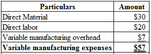 Amount
$30
Particulars
Direct Material
Direct labor
Variable manufacturing overhead
Variable manufacturing expenses
$57