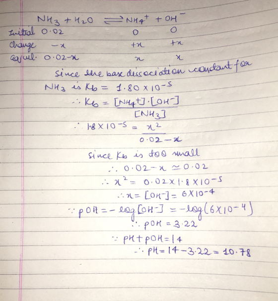NH3 + H2O - NH4+ + oH Initial 0.02 auge change - a x tu tx 0.02-2 a x since the base dissociation contant for NH3 és kb = 1.8