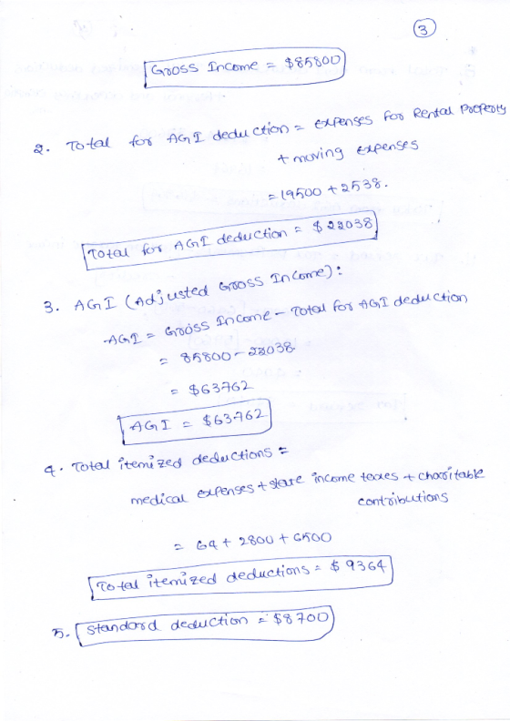 Gooss Income = $85800 Q. Total for AG I deduction = expenses for Renteel pooleoty t moving Expenses -19500 +2538. $ 22038 Tot