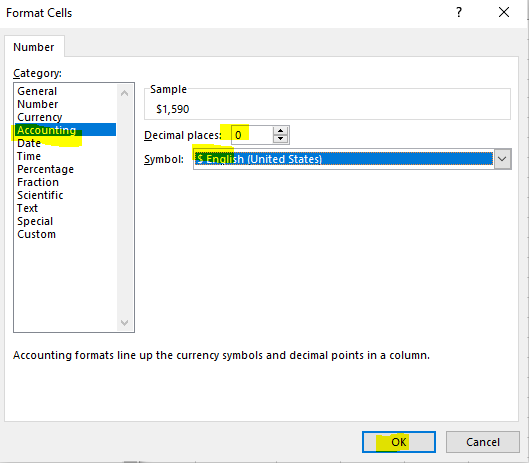 Format Cells х Number Category: General Number Currency Accounting Date Time Percentage Fraction Scientific Text Special Cust