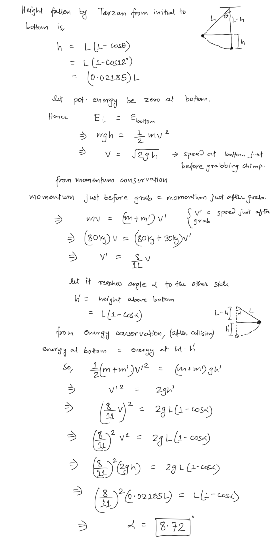 Height fallen by Tarzan from initial to boltom is, L 12-h h h . L (-сoso) L(1-60512) (0-02185) let pot energy be zero at bott