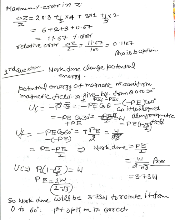 Z | 2nd question work done change potential Maxinum y.error in z Z-243 71 *4 + 342 + X2 = 6 +2+3 +0.67 11-67 yoor relative er