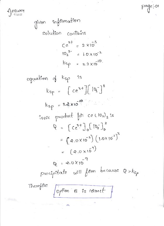 gren to famation Solution contains st Ce 2 1D 3- [.OxI0 kap 3.2X10 equatien ksp ksp ce ksp 3.2X10 fonte pvodutt ce 10) i Q-ce