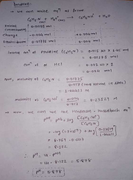 follow. CGHS NH + H₂O 19 solution: s we can write en as CGHSN + H₂otca 10.02175 mol concentrection. + change. -0.004 mol ! Eq