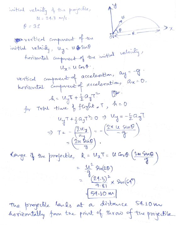 initial velocity of the projectile, - U = 24.3 m/s. 0 = 32 So vertical component of the initial velocity, y= u bo sino x ote