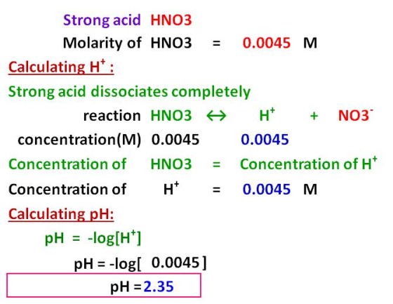 Strong acid HNO3 Molarity of HNO3 = 0.0045 M Calculating Ht: Strong acid dissociates completely reaction HNO3 H H + NO3 conce