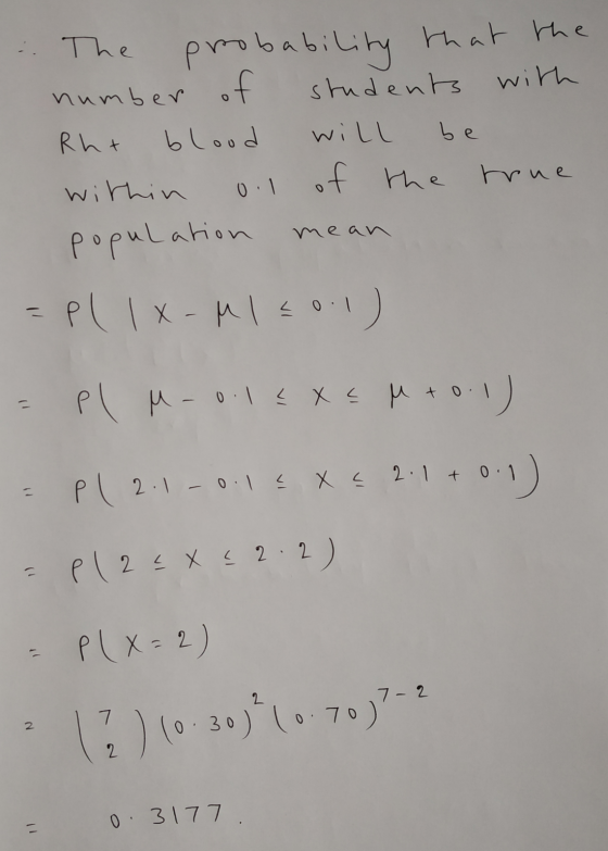 : The probability that the number of students with Rht blood be within of the true population 0.1 mean =pl lx-Mlson) = PI M-0