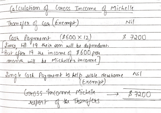 Calculation of Cross Income of Michelle Transfer of car (Exempt) Nil Cash Payment ($600 X 12) $ 7200 Sime fill 19 theiss wors