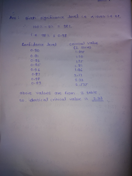 Ans i given significance level i.e 2=0.02 i ear. 100%. - 24. - 987 warrie 98% = 0.98 57 confidance level critical value (2 sc