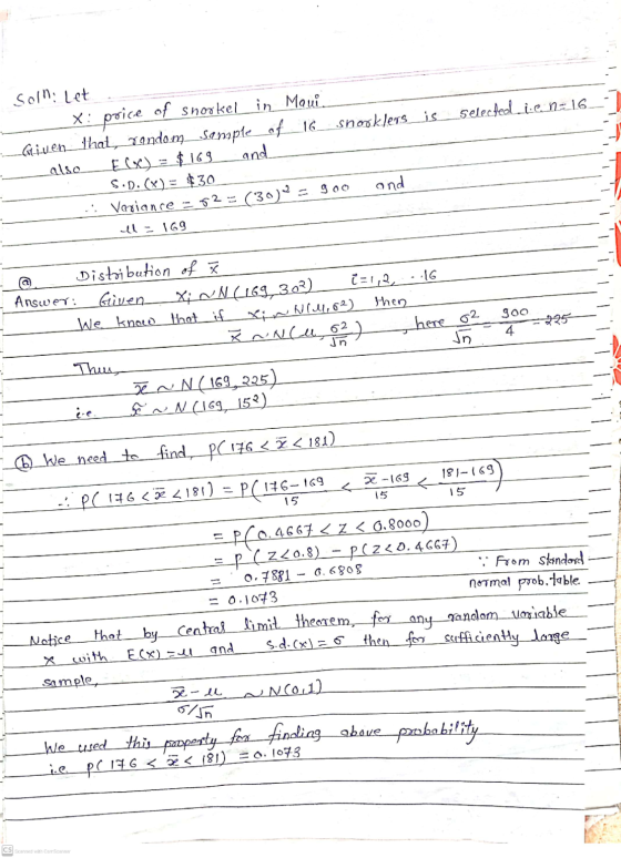 selected i.e. N=16_-1 soll: Let X: price of snorkel in Maui. Given_lhat, vindom sample_of_16_shooklers_is also LE(x) = $169 a