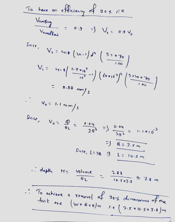 To have an efficiency of goy. re Vsetning Voverflow 0.9 =) Va 0.9 VO Since, V = 418 (n-1).do ( 914 ) V = 401 1.5 mm --) (conv