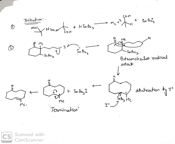 Initiation: - - M₂th TH* NEC,NN t th Sn Bu CEN ZH -SnBuz - Sn Buz Intramolecular radical attack + Sn Buy I abstraction by I 2