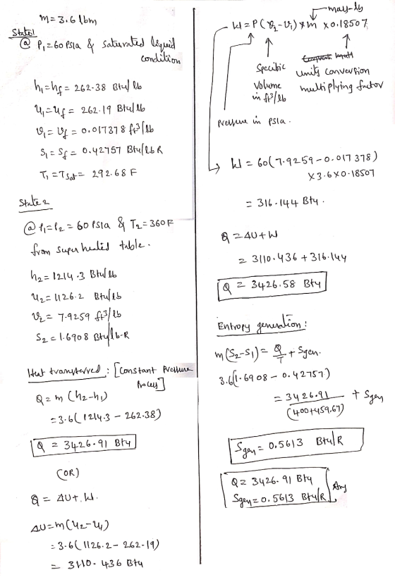 wц- А) m=3.6 lbm State! kl z P (O-V) 7m x 0,18507 1 @ P, 260 psla & saturated liquid condition torven mutt Specitic units co