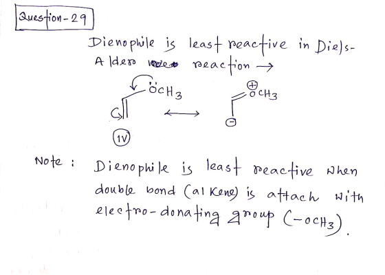 Question-29 Dienophile is least reactive in Die)s- A leso vedete reaction → Créelle (8410 (11) Note : Dienophile is least rea