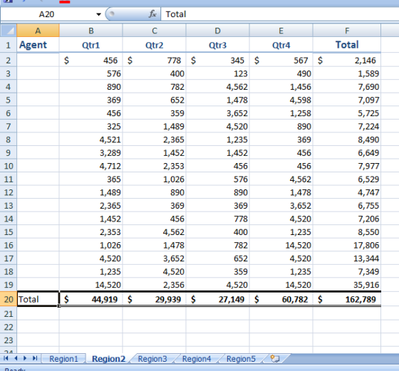 A20 fx Total A B с D F 1 Agent Qtr2 E Qtr4 567 $ Total 2. $ $ Qtr1 456 $ 576 3 778 $ 400 782 490 4 890 5 369 652 1,456 4,598