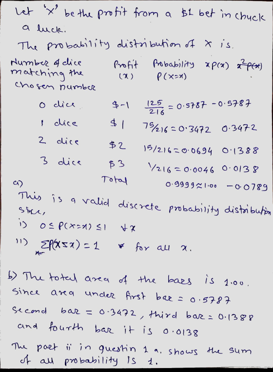216 let X be the profit from a $2 bet in chuck a lucki The probability distribution of x is. Number of dice profit Rrobabilit