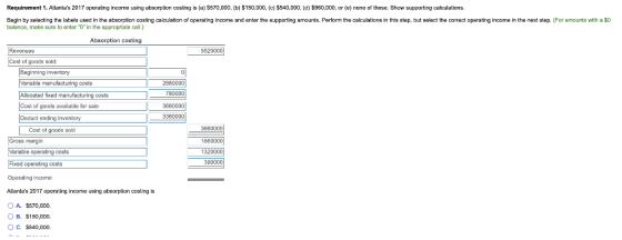 Requirement 1. Atlantas 2017 operating income using absorption costing is (a) 5570,000. (b) $150,000, (c) $540,000, (d) $980
