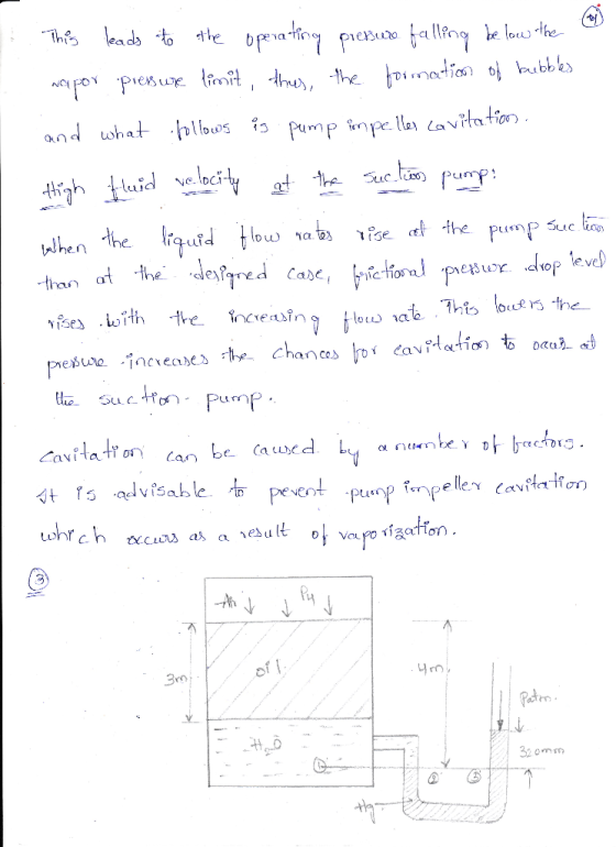 1. This leads to the operating pressure falling be low the rapor pressure limit, thus, the formation of bubbles and what foll