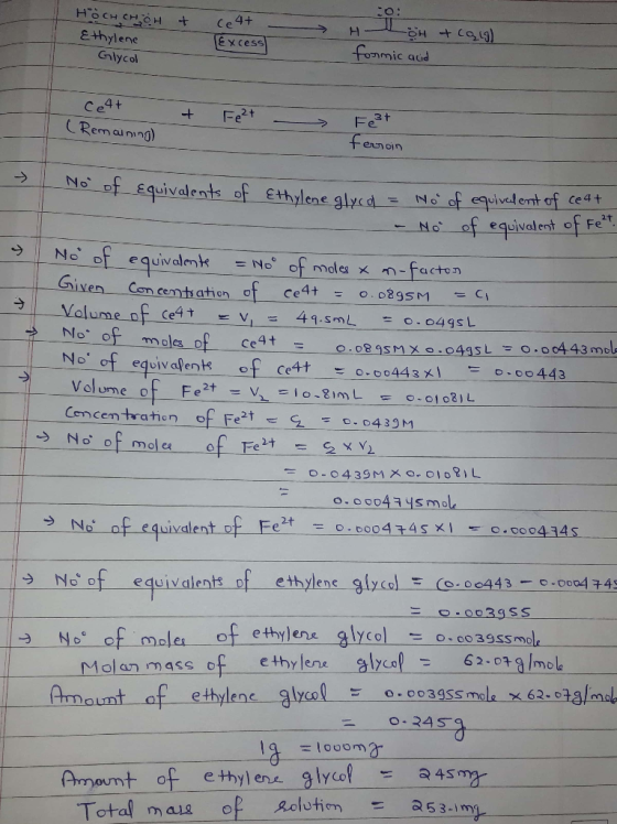 HOCHCHGH + Ethylene Glycol ce 4+ - EXCESS H oH & calg). formic acid Cett + Fe 2+ ( Remaining) - Fest ferroin - - No of equiva