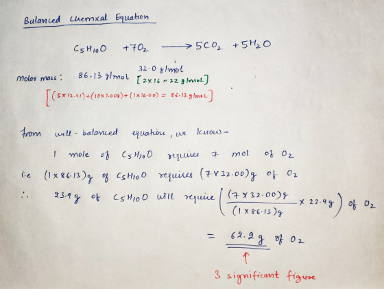 Balanced chemical Equation CG HIO +70₂ 50₂ +5H₂O 32.0 g/mol 86-13 g/mol [2x16=32 g/mol) Molar mass; 101)+(10x1.008)+ (1x16.00
