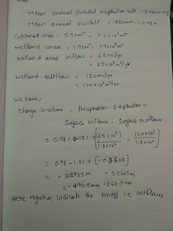Mean annual potential evaporation rate = 1210mm = 0.21 Mean annual rainfall = 980mm = 0.98m Catchment area = 5.5 km² = 5.5x10