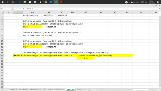 06.16 La x 3 ENG 10 01 2000 X 215 V x Z - Y fix ANSWER AA DEPRECIATION = AB AE AF AGAH ACAD 121666.67 ΑΙ AJ 730000/6 = OCF =(