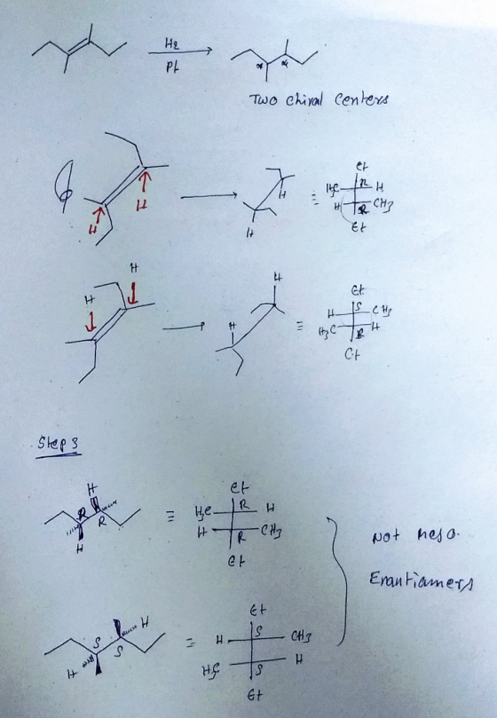 He Two chiral centers HR CH3 1 Et H SCH Heu с. Step 3 Et RI he RH Тенен, not meso. е Enantiamers = H CH3 He Is H Et